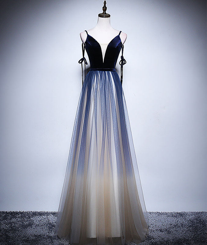 Dark blue tulle long prom dress, blue evening dress - shdress