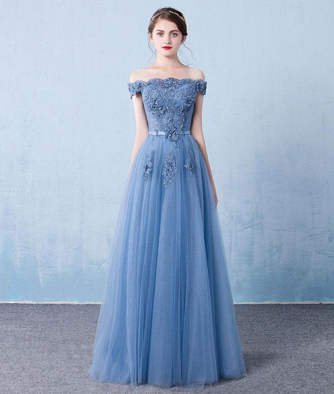 Elegant tulle lace applique long prom dress, blue evening dress - shdress