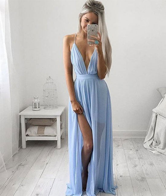 A-line V neck blue chiffon long prom dress, evening dress - shdress