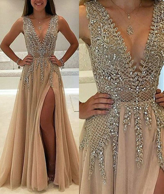 Gorgeous Champagne Gold Sequins Tulle Evening Dresses Chic Banquet Prom Gown  | eBay