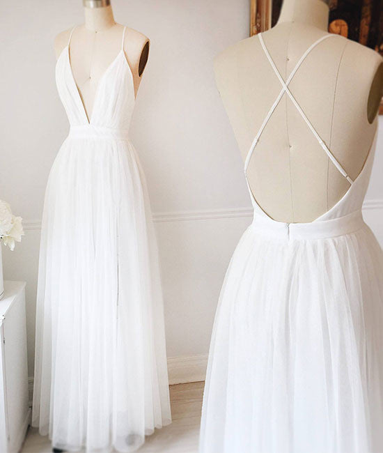 Simple white v neck tulle long prom dress, white evening dress - shdress
