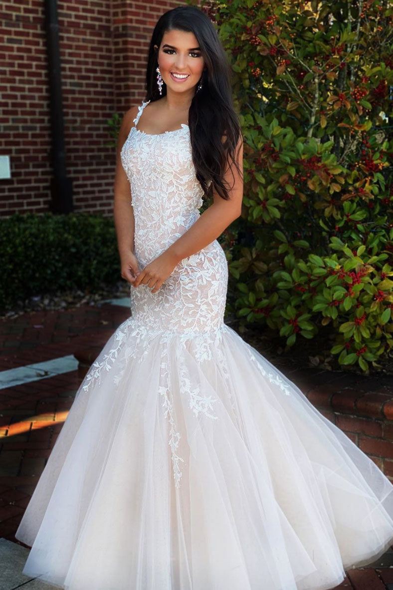 Champagne tulle lace mermaid long prom dress lace formal dress
