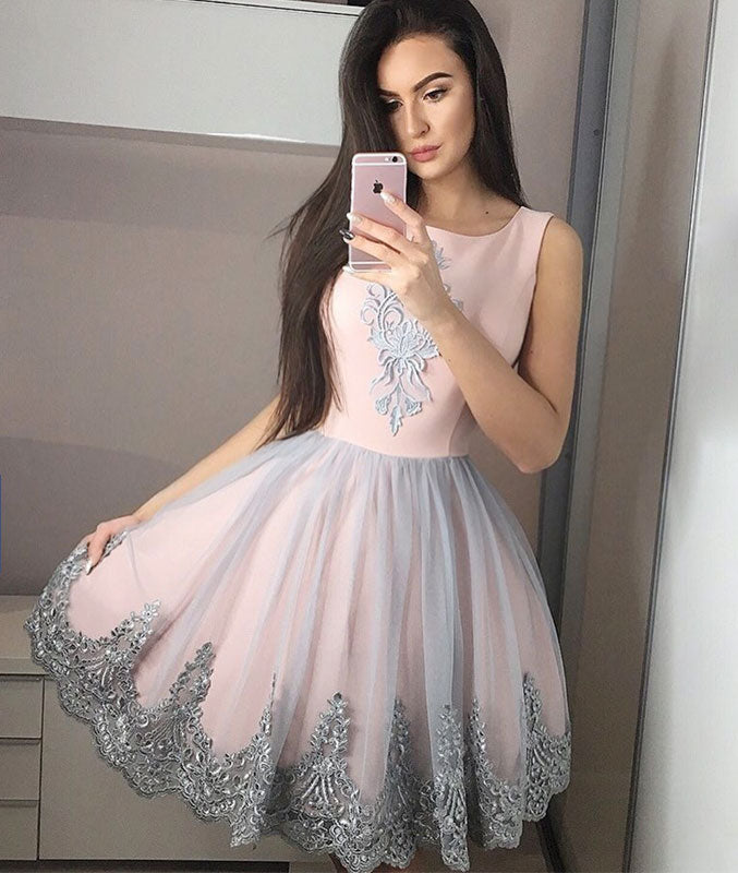 Pink tulle lace short prom dress, pink tulle homecoming dress - shdress