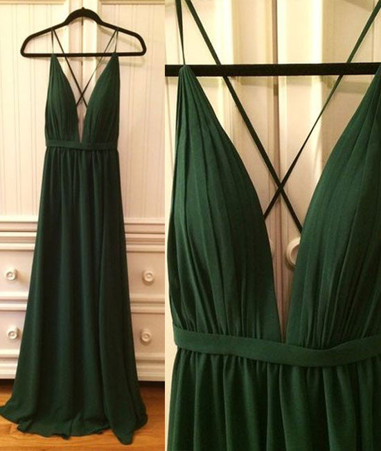 Simple v neck green long prom dress, green evening dress - shdress