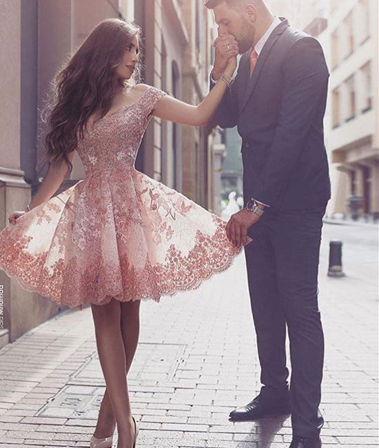 Pink off shoulder lace short prom dress, cute homecoming dress - shdress