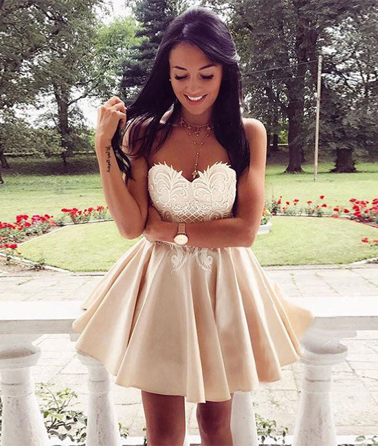Cute champagne lace applique short prom dress, cute homecoming dress – shdress