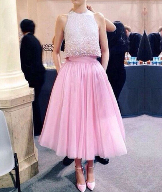 Pink two pieces sequin prom dress, pink formal dress - shdress