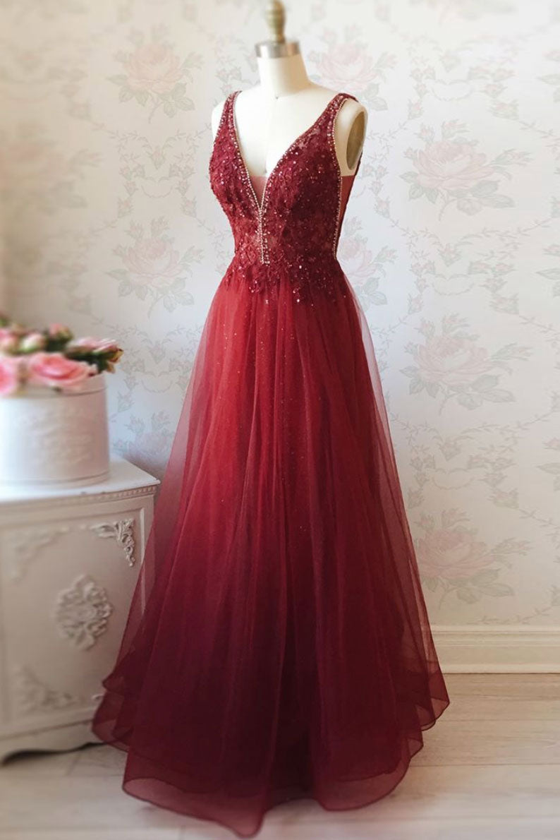 
                  
                    Burgundy v neck tulle sequin lace long prom dress
                  
                