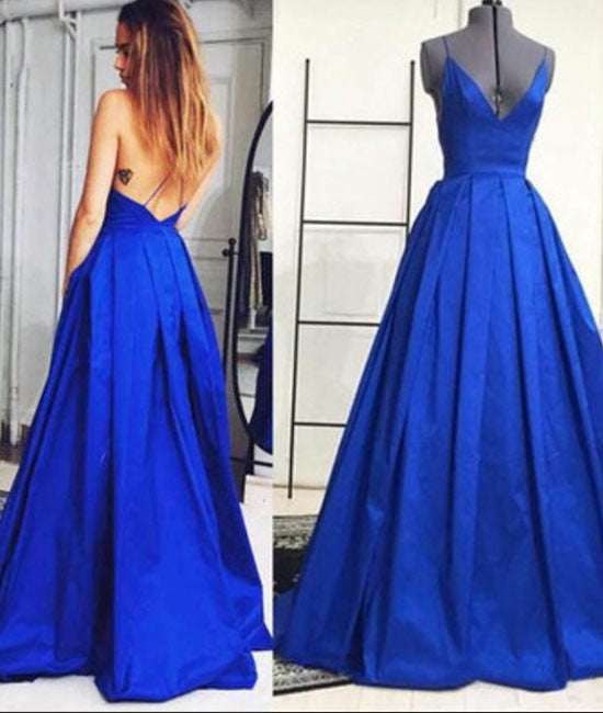 Simple V Neck Blue Long Prom Gown, Evening Dresses - shdress