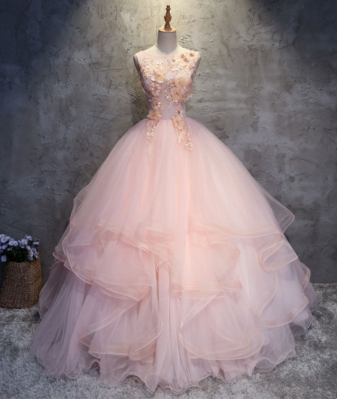 
                  
                    Pink round neck tulle lace applique long prom dress, pink evening dress - shdress
                  
                
