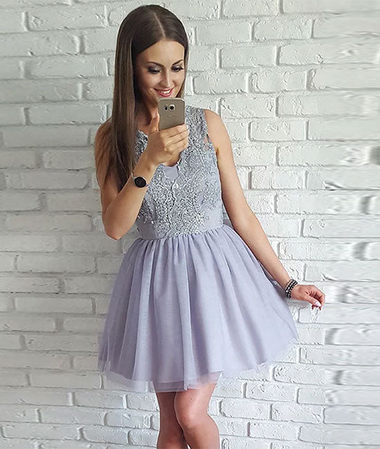 Gray v neck lace tulle short prom dress homecoming dress - shdress