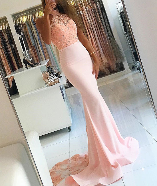 Pink lace mermaid prom dress, mermaid bridesmaid dress - shdress