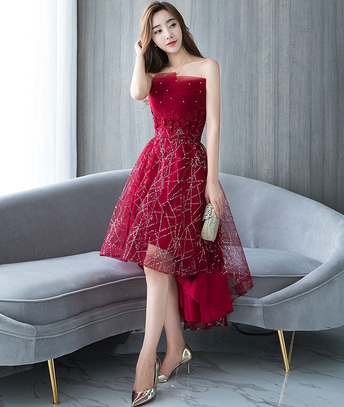 
                  
                    Burgundy tulle lace short prom dress, burgundy lace homecoming dress
                  
                