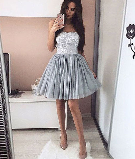 Gray tulle lace short prom dress, gray homecoming dress - shdress