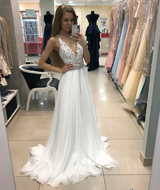 White v neck chiffon lace long prom dress, white evening dress shdress White v neck chiffon lace long prom dress, white evening dress shdress