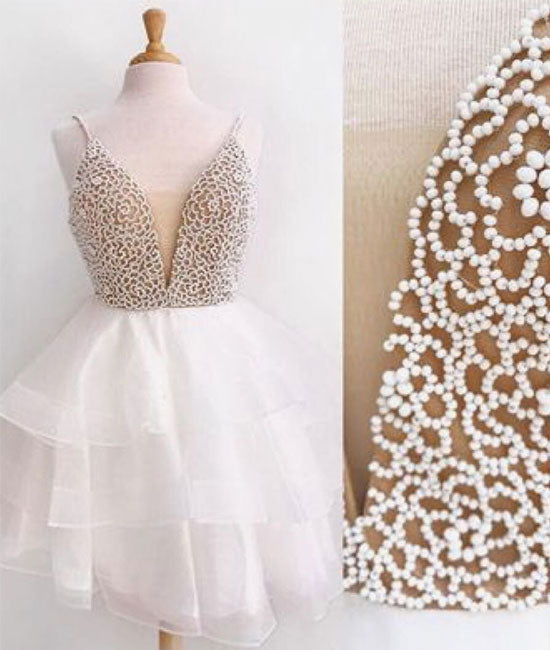White v neck tulle beads short prom dress, white homecoming dress - shdress