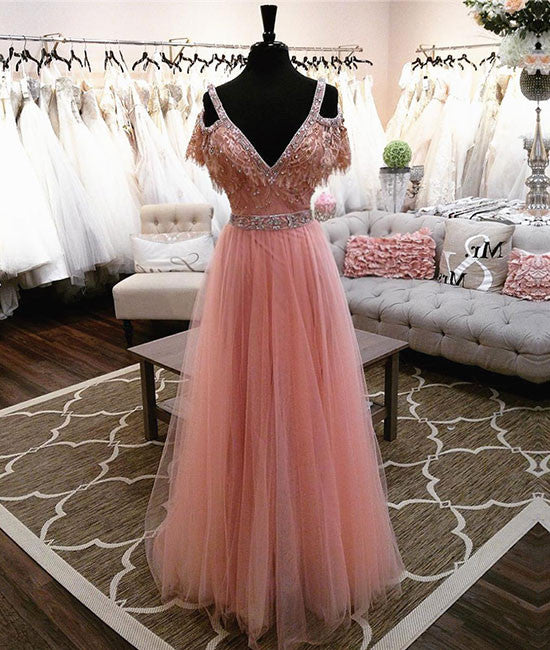 Pink v neck lace tulle long prom dress, pink evening dress - shdress