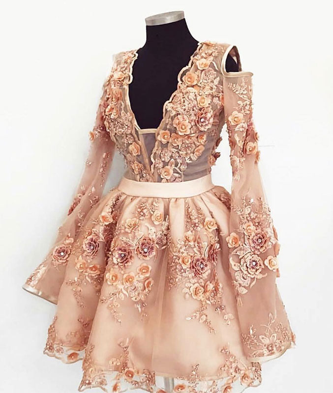 Cute champagne lace applique short prom dress, homecoming dress - shdress