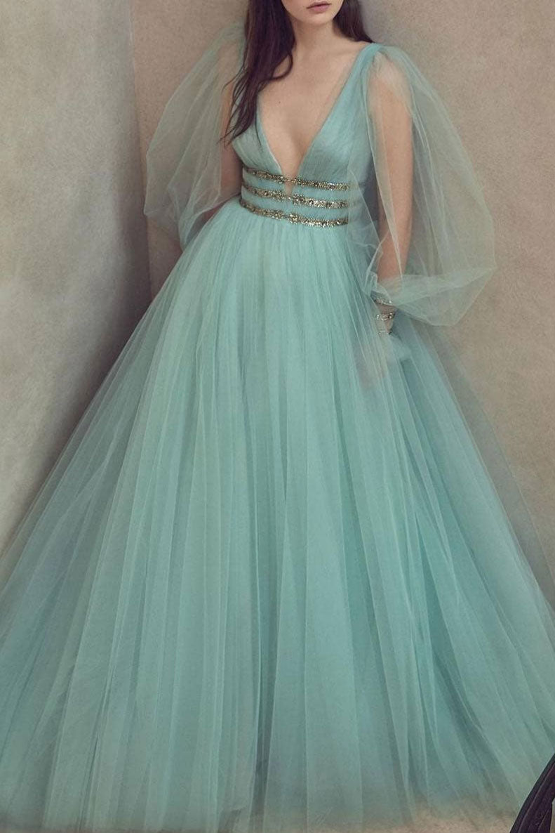 Green v neck tulle long prom dress, green evening dress shdress Green v neck tulle long prom dress, green evening dress shdress
