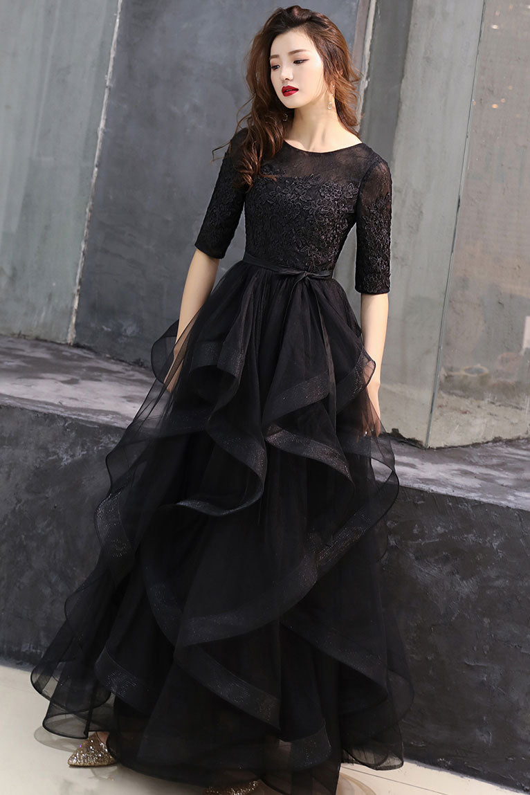 
                  
                    Black round neck tulle lace long prom dress, black formal dress
                  
                
