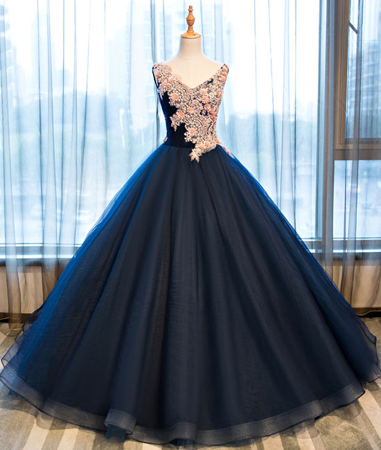 Dark blue v neck satin lace long prom gown ,dark blue evening dress - shdress