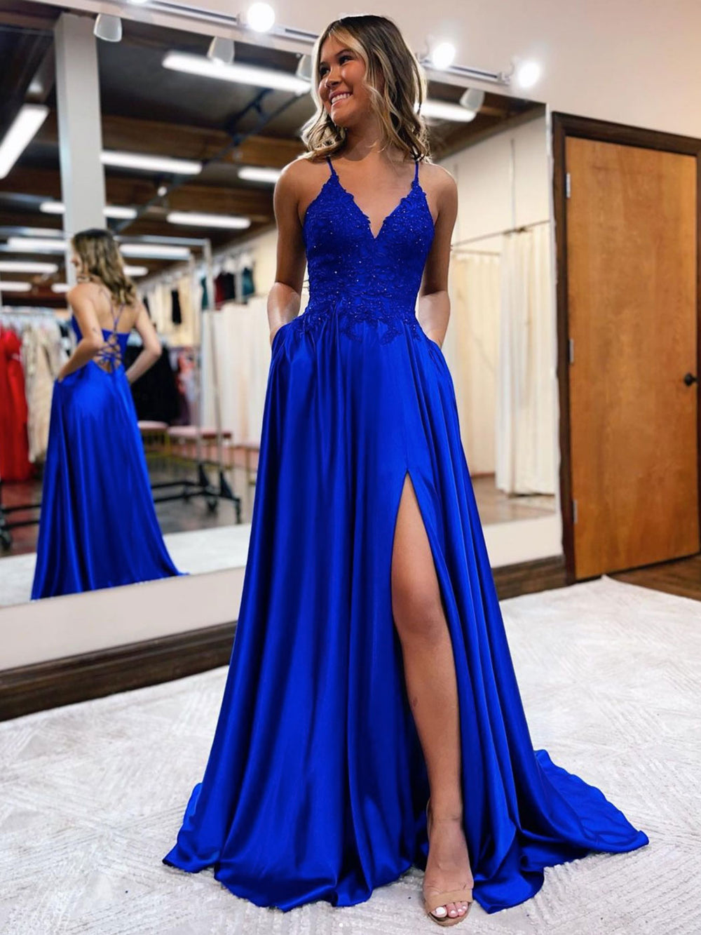 Blue v neck satin lace long prom dress, blue evening dress