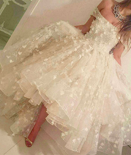 Unique white lace prom dress, cute white lace formal dress - shdress