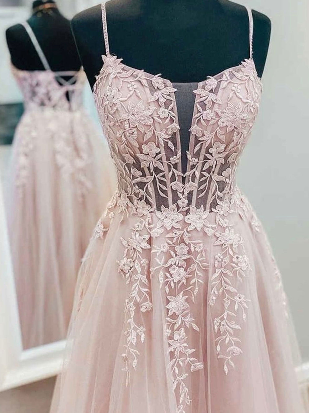 Pink tulle lace A line long prom dress, pink lace evening dress