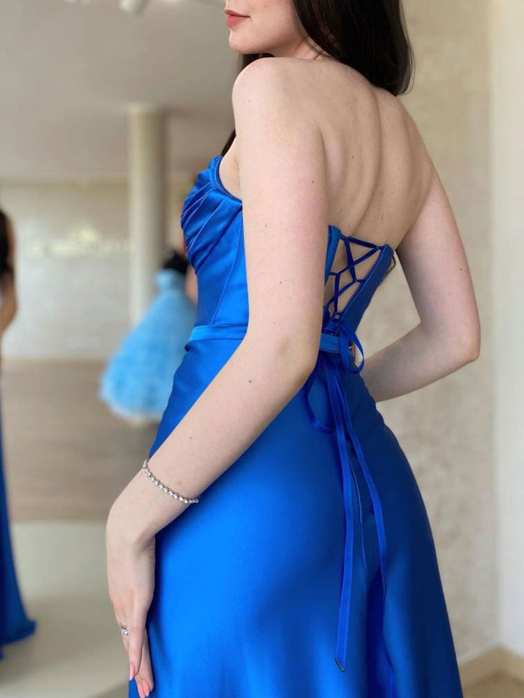 
                  
                    Simple Blue satin long prom dress, blue evening dress
                  
                