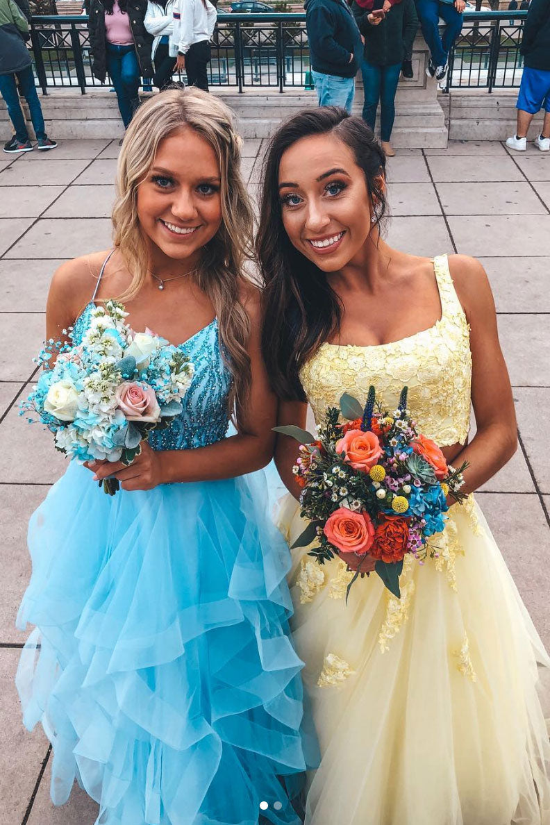 Yellow two pieces lace long prom dress, sweet 16 dress Yellow two pieces lace long prom dress, sweet 16 dress