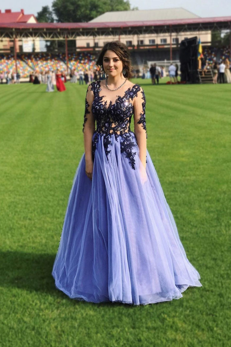 Purple tulle lace long prom dress purple lace evening dress