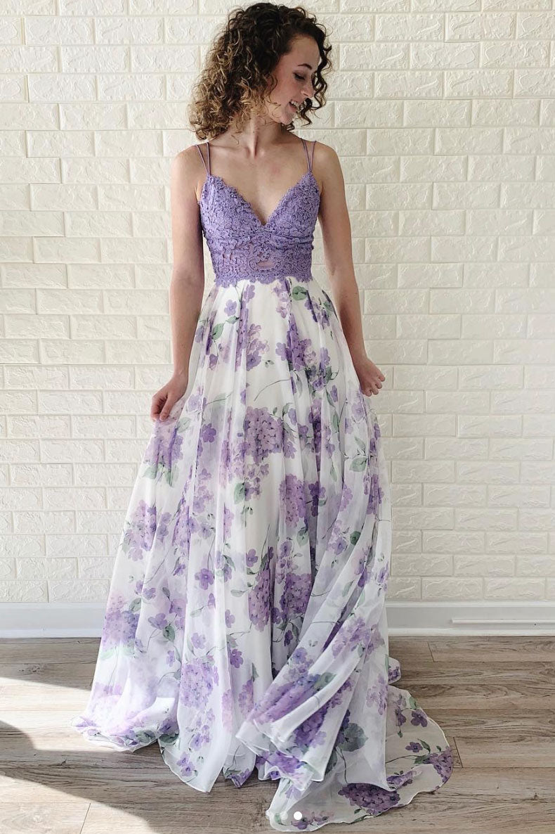 Purple tulle lace long prom dress, purple lace evening dress