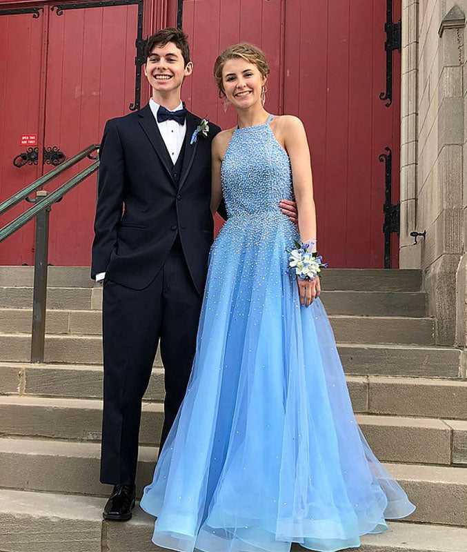 Blue tulle beads long prom dress, blue tulle evening dress