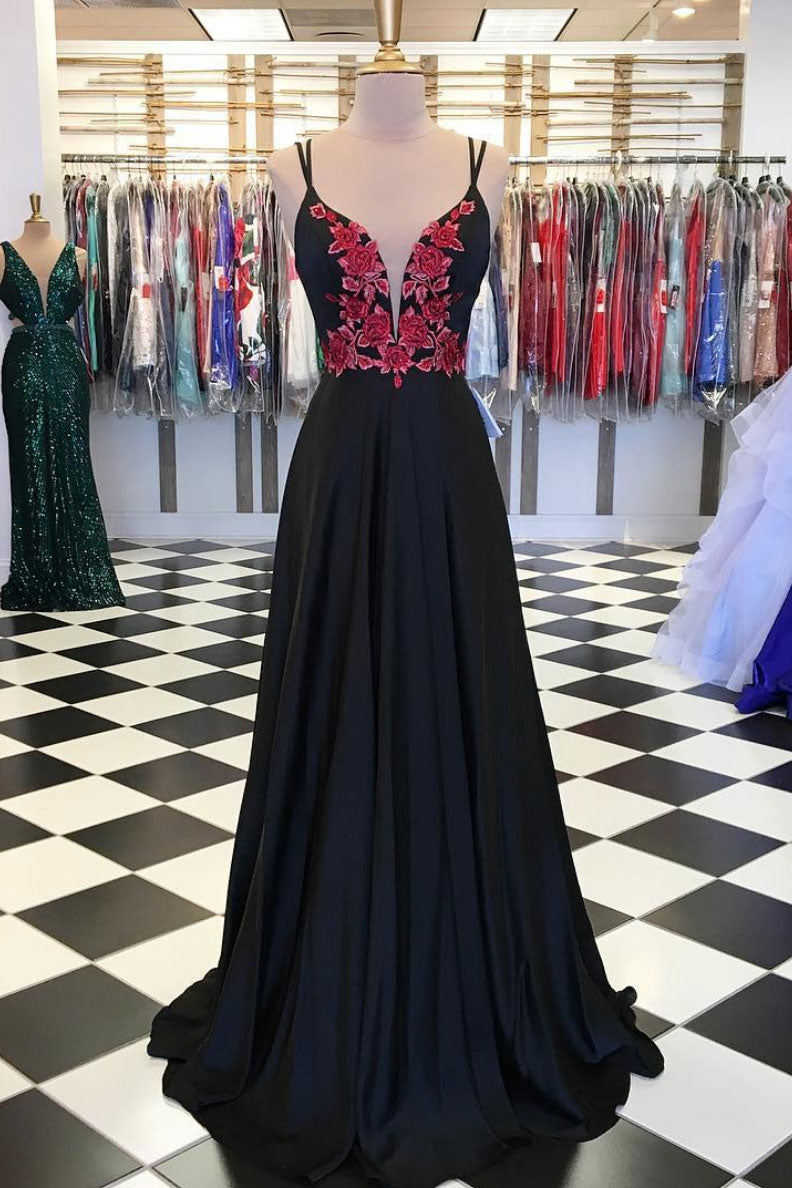 Black lace applique satin long prom dress, black evening dress