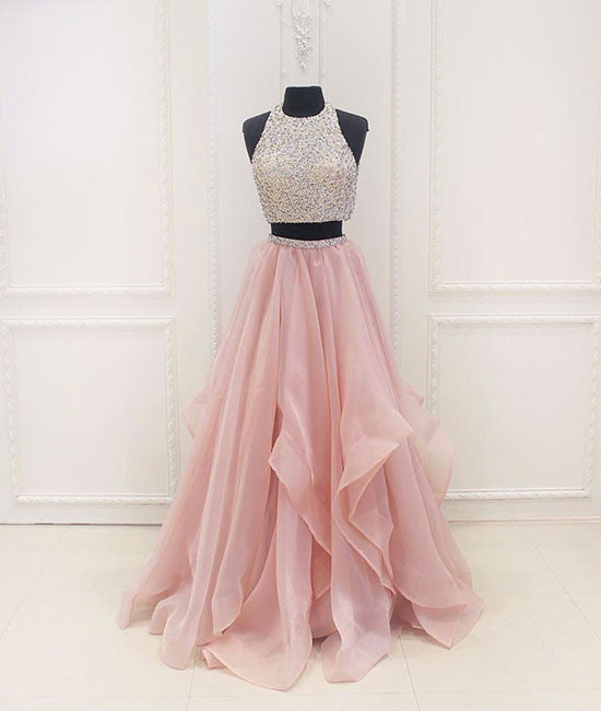 Unique two pieces sequin pink long prom dress, evening dress - shdress