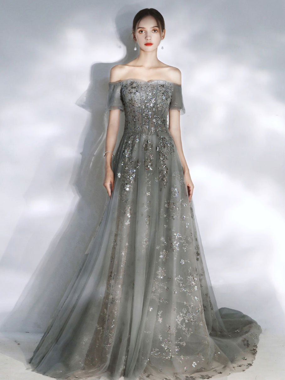 Gray tulle lace sequin long prom dress, gray tulle formal dress shdress Gray tulle lace sequin long prom dress, gray tulle formal dress shdress