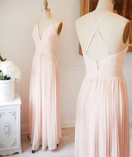 light pink v neck chiffon long prom dress, pink evening dress - shdress