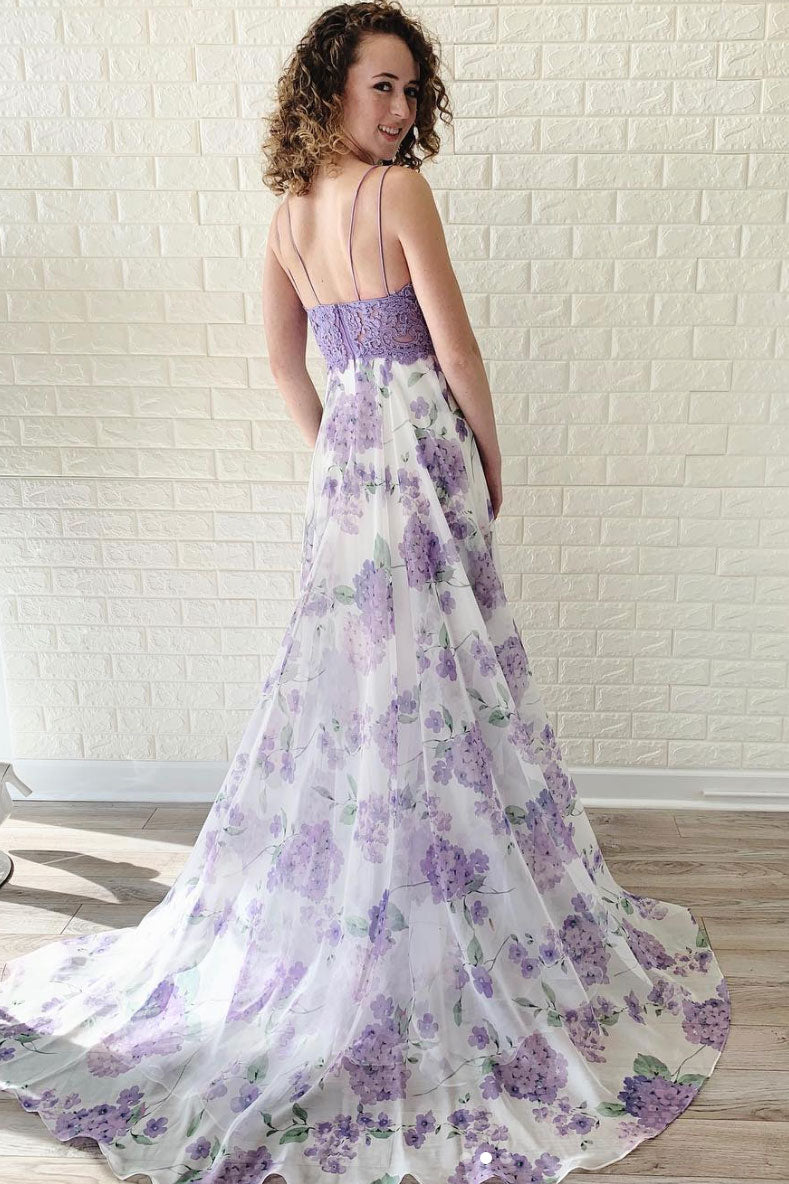 Purple tulle lace long prom dress, purple lace evening dress
