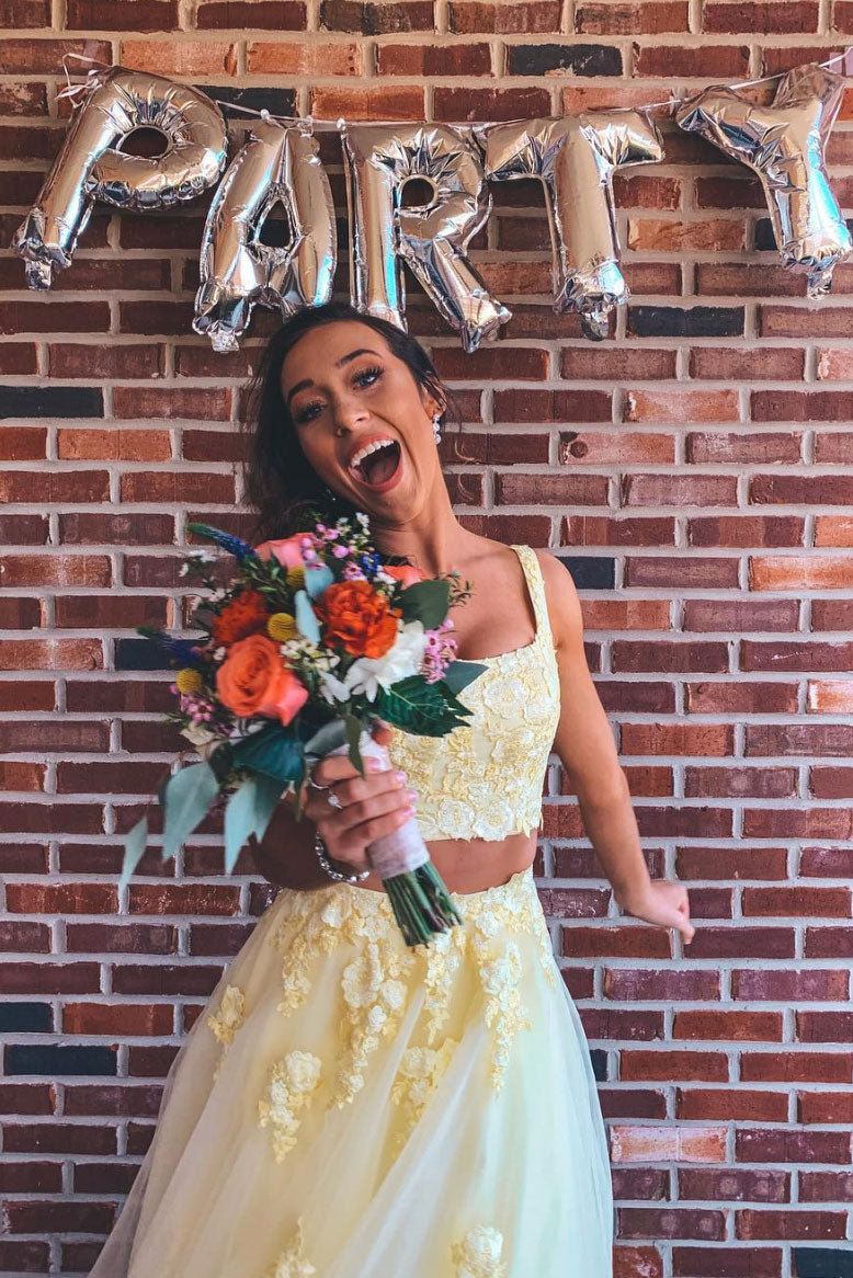 Yellow two pieces lace long prom dress, sweet 16 dress shdress Yellow two pieces lace long prom dress, sweet 16 dress shdress
