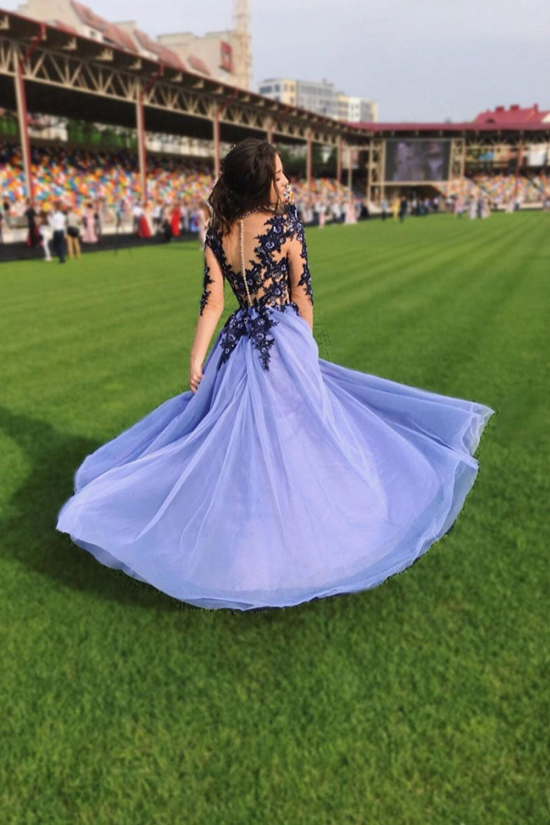 Purple tulle lace long prom dress purple lace evening dress