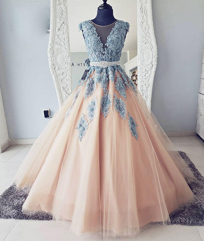 Champagne tulle lace long prom dress, champagne tulle evening dress - shdress