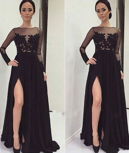 Black lace long sleeves prom dress, black evening dress - shdress