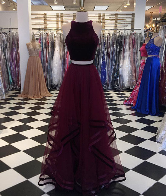 Simple two pieces burgundy long prom dress, burgundy evening dress - shdress