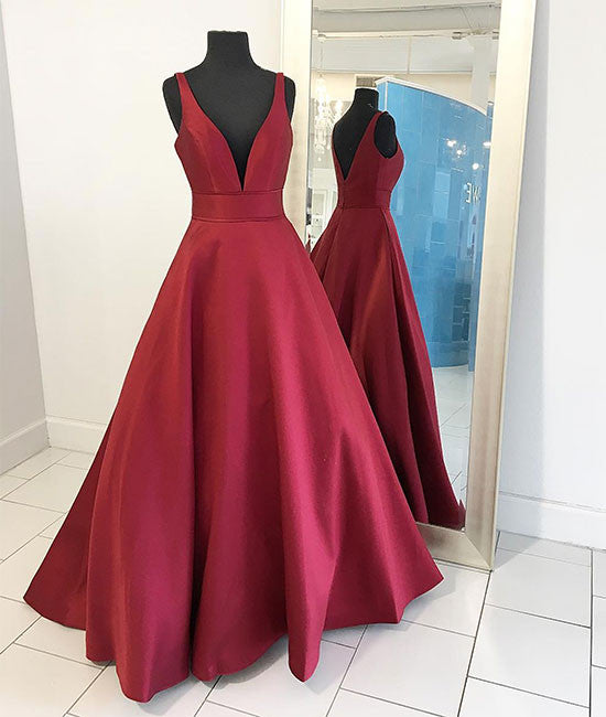 Red v neck satin long prom dress, red evening dress - shdress