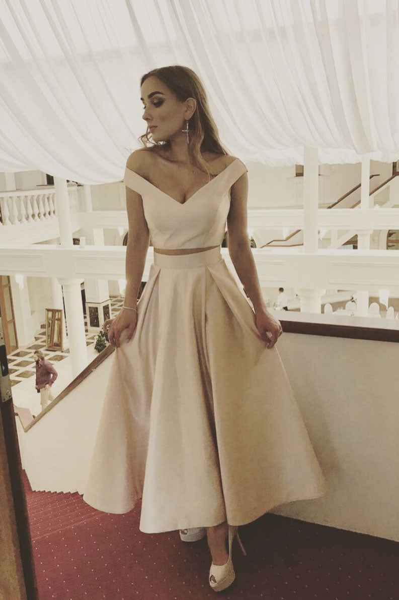 Simple champagne tea Length prom dress, evening dress