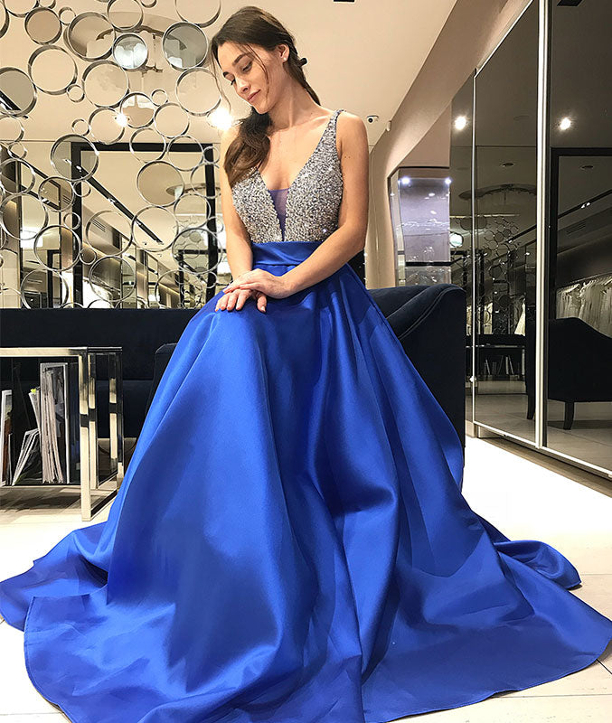 Blue v neck sequin long prom dress, blue evening dress - shdress