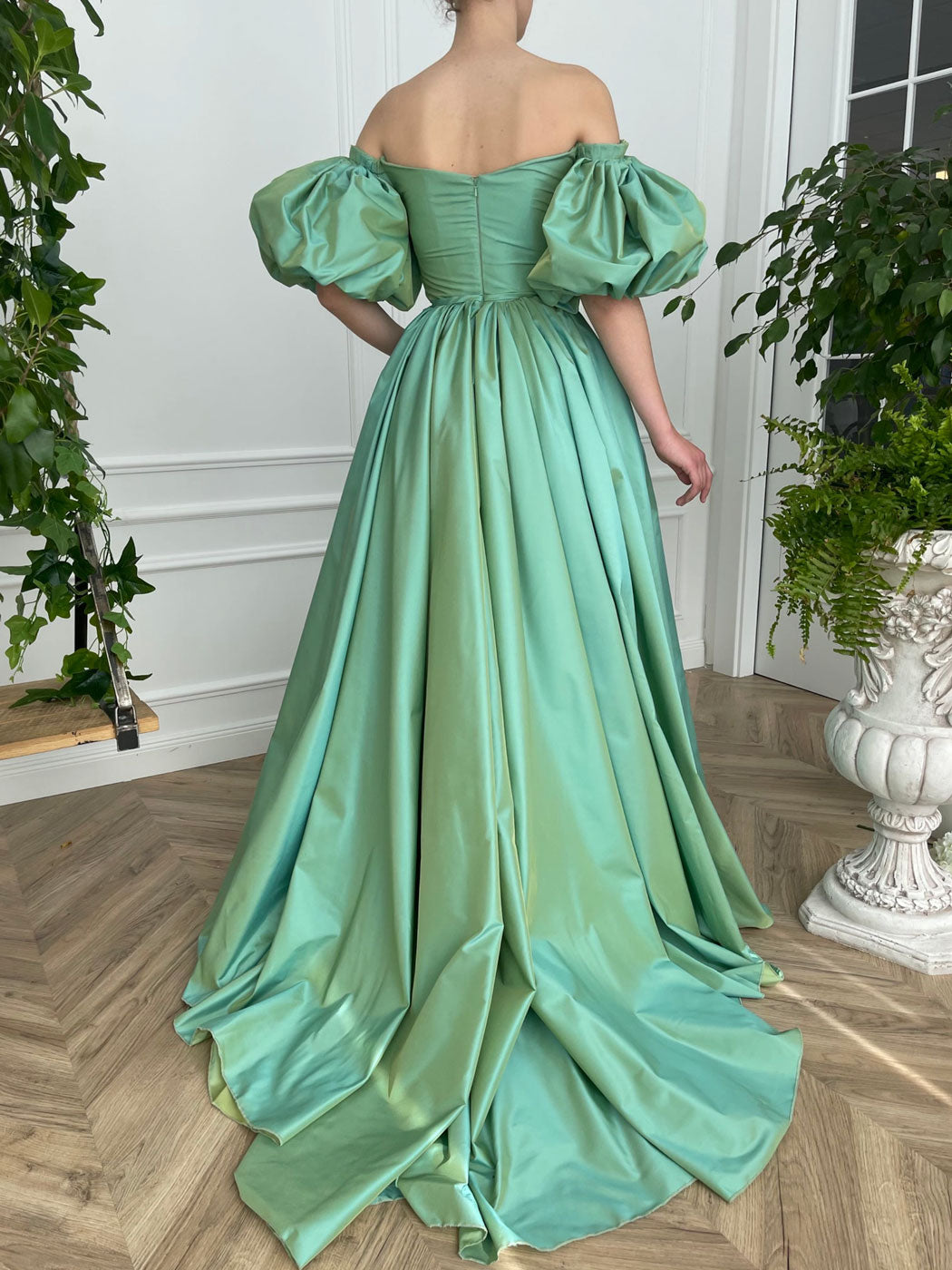 
                  
                    Simple green satin long prom dress, green evening dress
                  
                