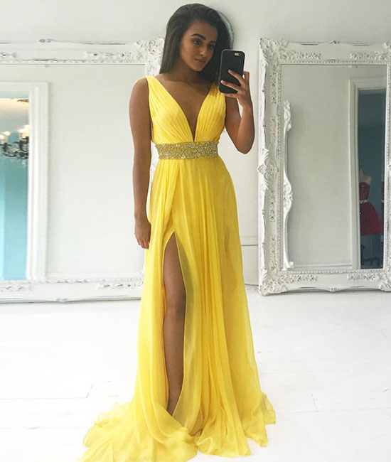Yellow v neck beads chiffon long prom dress yellow evening dress - shdress