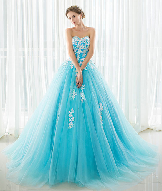 
                  
                    Blue sweetheart neck lace applique tulle long prom dress - shdress
                  
                