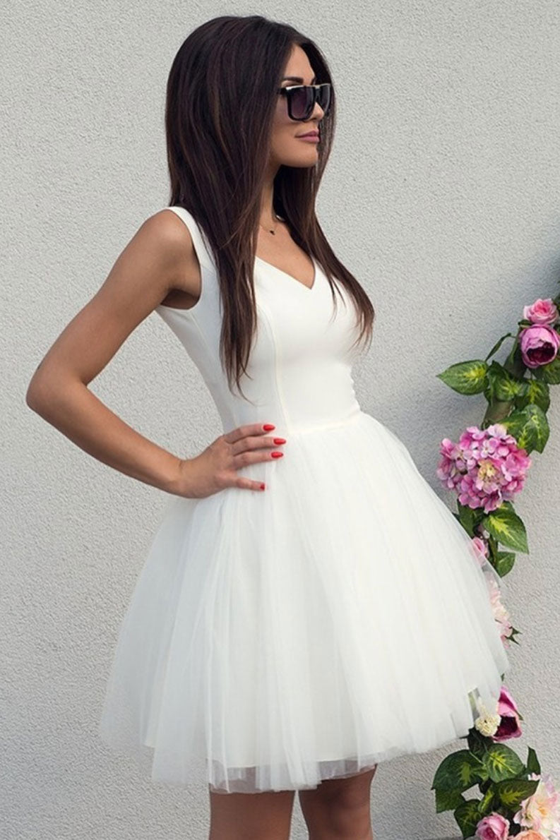 Simple white tulle short prom dress white homecoming dress